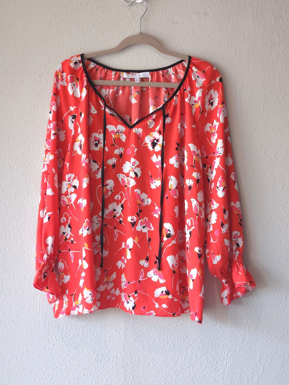 Marybelle Long-Sleeve Blouse Bright Coral Red and White FLORAL PLUS SIZE 1X